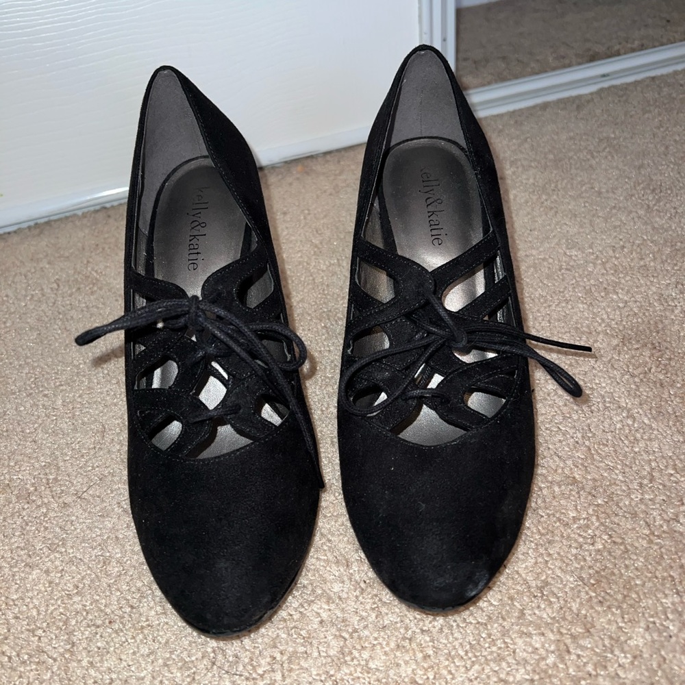 Black, lace up high heels.